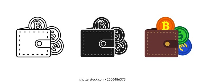 Crypto wallet icon. Bitcoin symbol. Cryptocurrency finance illustration. Digital currency sign. Blockchain payment design. Electronic banking security graphic.