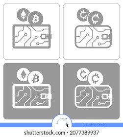 Crypto wallet icons with bitcoin, ethereum and generic cryptocurrency coins with negative versions