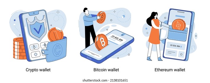 Crypto wallet metaphor. Concept of mobile payments. Bitcoin wallet connected mobile phone. Earning money to your e-wallet. Ethereum currency virtual money, online payment, electronic purse for paying