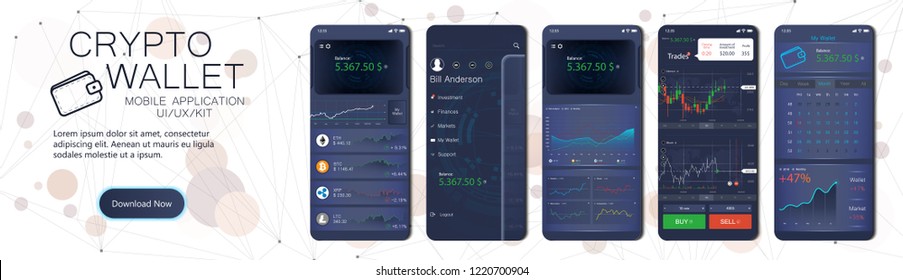 Crypto wallet mobile app template. User interface design with a disassembled interface, in the form of a collection of mobile screens. Crypto online currency payment and wallet concept. Vector set