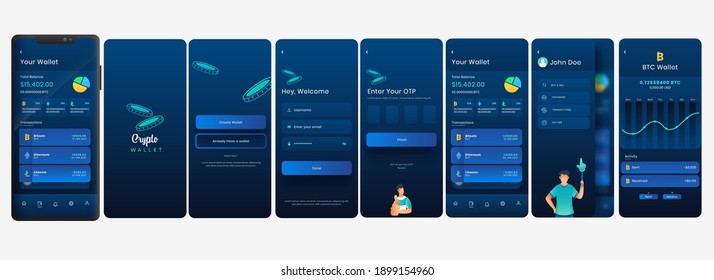 Crypto Wallet Mobile App UI, UX, Screens Including Like As Create Account For Payment Or Transaction.