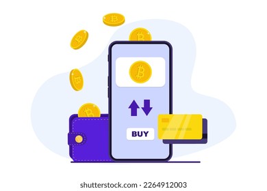 Crypto wallet with mobile smartphone. Cryptocurrency transaction and Mobile banking infographic. Purchasing crypto currency on mobile phone with credit card. Crypto wallet for bitcon