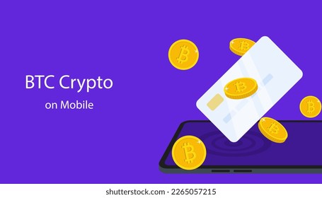 Crypto wallet with mobile smartphone. Cryptocurrency transaction and Mobile banking infographic. Purchasing crypto currency on mobile phone with credit card. Crypto wallet for bitcon