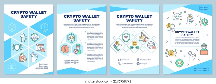 Crypto wallet safety blue brochure template. Coins storage. Leaflet design with linear icons. Editable 4 vector layouts for presentation, annual reports. Arial-Black, Myriad Pro-Regular fonts used