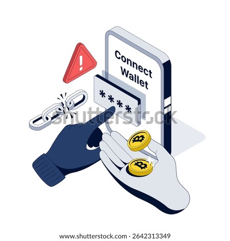 Crypto Wallet Scam. Hacker Steals Access through Fake connection. Risky link leads to wallet drain. Fraud hand steals the password.  Isometric Vector illustration
