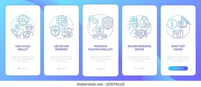 Crypto wallet security blue gradient onboarding mobile app screen. Earnings walkthrough 5 steps graphic instructions with linear concepts. UI, UX, GUI template. Myriad Pro-Bold, Regular fonts used