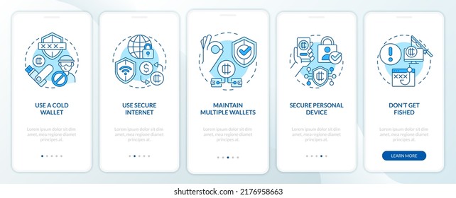 Crypto wallet security blue onboarding mobile app screen. Safety walkthrough 5 steps editable graphic instructions with linear concepts. UI, UX, GUI template. Myriad Pro-Bold, Regular fonts used