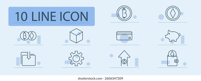 Crypto wallet set icon. Card, finance, crypto coin, configuration, deposit, save, blockchain, bitcoin, ethereum, storage, payment, folder, piggy bank