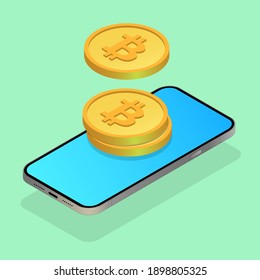 Cartera criptográfica en un smartphone. Concepto de cartera de Bitcoin. Transacciones de criptodivisa. ... Ilustración vectorial en estilo isométrico.
