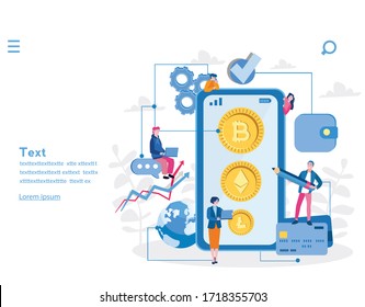 Crypto wallet, trading app, Crypto currency. Vector illustration for web banner, infographics, mobile. 