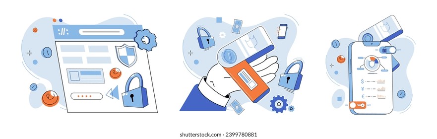 Crypto wallet vector illustration. Cryptocurrencies stored in digital wallets provide decentralized method payment Tokens are used as form digital currency in various transactions The internet serves