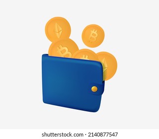 Crypto wallet vector illustration. Digital Wallet technology for cryptocurrency bitcoin. Wallet bitcoin wallet with coins and cash isolated. Online shop, finance, banks, money-saving, cashless. 3D