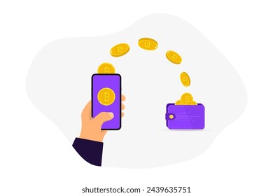 Crypto wallet vector illustration with mobile smartphone. Digital wallet technology for cryptocurrency bitcoin. E-payment concept. International money transfer vector illustration