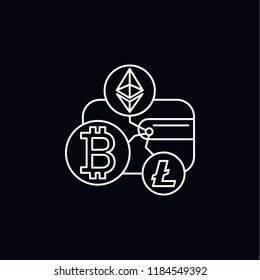 Crypto wallet white icon. Outline illustration of Crypto wallet vector icon for web and advertising isolated on black background