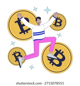 Concepto de ilustración en 2D de riqueza criptográfica. Éxito de las criptomonedas. Beneficios financieros de BTC. Hombre indio emocionado saltando entre monedas de bitcoin personaje de dibujos animados aislado en blanco. Metáfora de Vector abstracto plano
