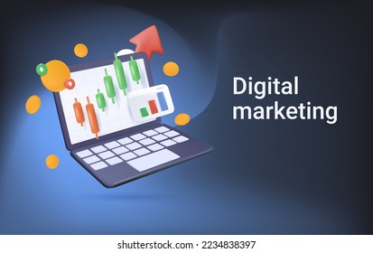 Crypto website template, banner. Trading, digital graph rising falling background. 3D laptop notebook financial bill, funding business graph on computer money. Investment 3D render vector illustration