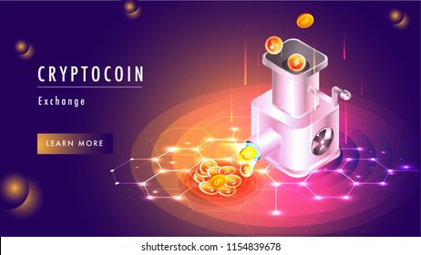 Cryptocoin exchange concept based web template design with illustration of money exchange machine changing virtual to real money on shiny abstract background.
