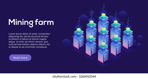 Cryptocoin mining farm layout. Cryptocurrency and blockchain network business isometric vector illustration. Crypto currency exchange or transaction process background.