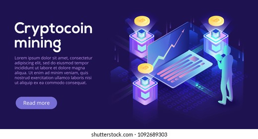 Cryptocoin mining farm layout. Cryptocurrency and blockchain network business isometric vector illustration. Crypto currency exchange or transaction process background.