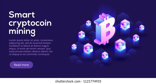 Cryptocoin mining farm layout. Cryptocurrency and blockchain network business isometric vector illustration. Crypto currency exchange or transaction process background.