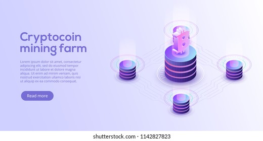 Cryptocoin mining farm layout. Cryptocurrency and blockchain network business isometric vector illustration. Crypto currency exchange or transaction process background.