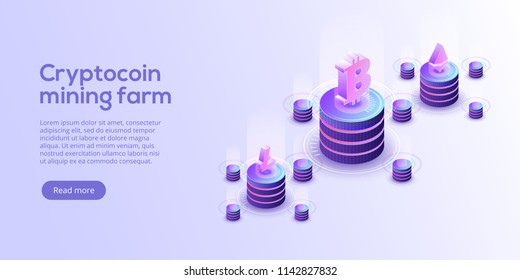 Cryptocoin mining farm layout. Cryptocurrency and blockchain network business isometric vector illustration. Crypto currency exchange or transaction process background.