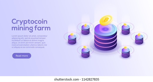 Cryptocoin mining farm layout. Cryptocurrency and blockchain network business isometric vector illustration. Crypto currency exchange or transaction process background.