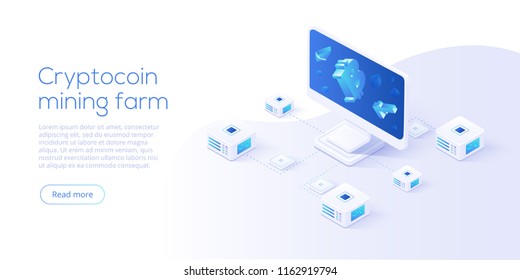 Cryptocoin Mining Farm Layout. Cryptocurrency And Blockchain Network Business Isometric Vector Illustration. Crypto Currency Exchange Or Transaction Process Background.