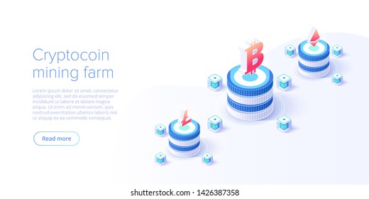 Cryptocoin mining farm layout. Cryptocurrency and blockchain network business isometric vector illustration. Crypto currency exchange or transaction process background.