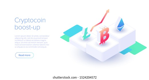 Cryptocoin mining farm layout. Cryptocurrency and blockchain network business isometric vector illustration. Crypto currency exchange raise or transaction process background.