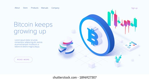 Cryptocoin mining farm layout. Cryptocurrency and blockchain network business isometric vector illustration. Crypto currency exchange or transaction process background.