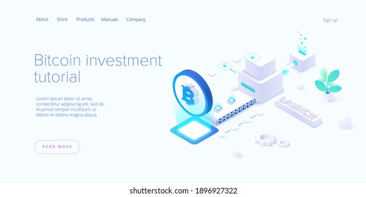 Cryptocoin mining farm layout. Cryptocurrency and blockchain network business isometric vector illustration. Crypto currency exchange or transaction process background.