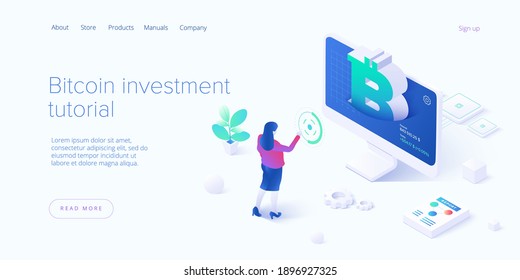 Cryptocoin mining farm layout. Cryptocurrency and blockchain network business isometric vector illustration. Crypto currency exchange or transaction process background.