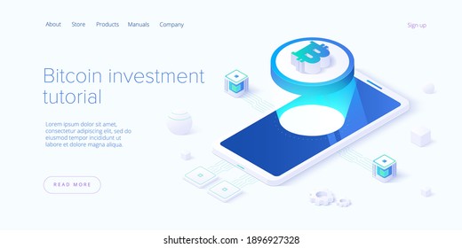 Cryptocoin mining farm layout. Cryptocurrency and blockchain network business isometric vector illustration. Crypto currency exchange or transaction process background.