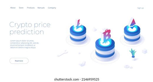 Cryptocoin mining farm layout. Cryptocurrency and blockchain network business isometric vector illustration. Crypto currency exchange or transaction process background.