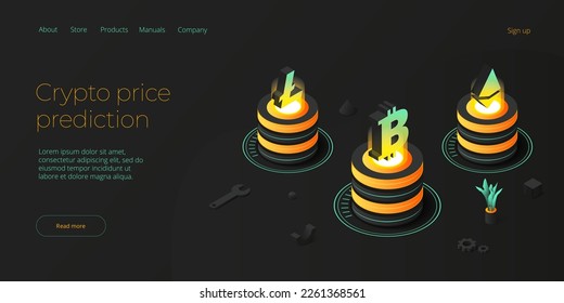 Cryptocoin mining farm layout. Cryptocurrency and blockchain network business isometric vector illustration. Crypto currency exchange or transaction process background.