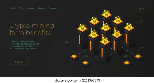 Cryptocoin mining farm layout. Cryptocurrency and blockchain network business isometric vector illustration. Crypto currency exchange or transaction process background.