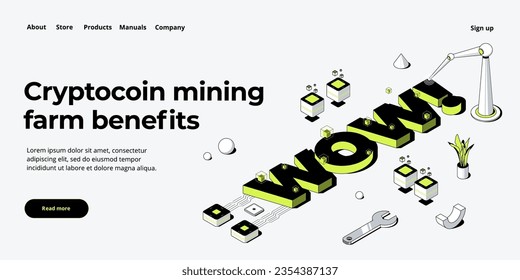 Cryptocoin mining farm layout. Cryptocurrency and blockchain network business isometric vector illustration. Crypto currency exchange or transaction process background.