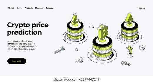 Cryptocoin mining farm layout. Cryptocurrency and blockchain network business isometric vector illustration. Crypto currency exchange or transaction process background.