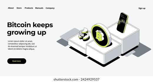 Cryptocoin mining farm layout. Cryptocurrency and blockchain network business isometric vector illustration. Crypto currency exchange or transaction process background.