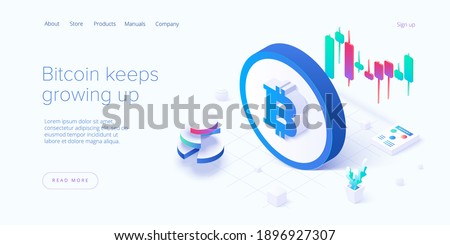 Cryptocoin mining farm layout. Cryptocurrency and blockchain network business isometric vector illustration. Crypto currency exchange or transaction process background.