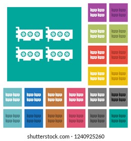 Cryptocoin mining farm multi colored flat icons on plain square backgrounds. Included white and darker icon variations for hover or active effects.