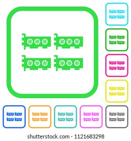 Cryptocoin mining farm vivid colored flat icons in curved borders on white background