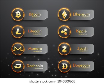 Cryptocoins labels or tags on grey background.