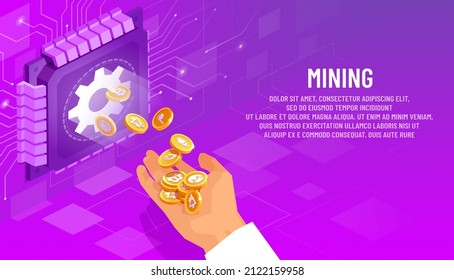 Cryptocoins from mining process fall into the user hand. Isometric digital illustration.