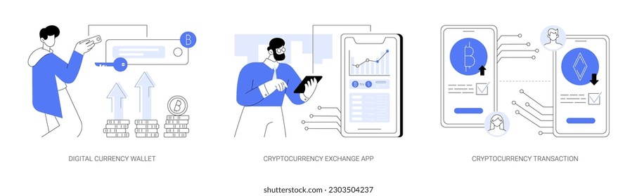 Conjunto de ilustraciones vectoriales de concepto abstracto de aplicaciones de criptodivisas. Persona con la clave electrónica en las manos, aplicación móvil de intercambio de criptodivisa, proceso de transacción en la metáfora abstracta de pantalla.