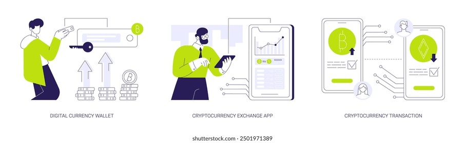 Cryptocurrencies applications abstract concept vector illustration set. Person holding electronic key in hands, cryptocurrency exchange mobile app, transaction process on the screen abstract metaphor.
