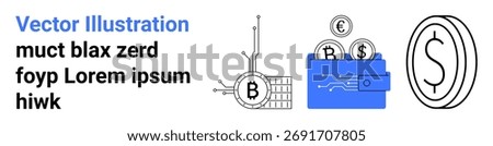 Cryptocurrencies, Bitcoin coin, electronic circuit, blue wallet, coins with dollar, euro signs. Ideal for financial apps, fintech sites, blockchain services, investment platforms, ecommerce, digital