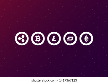 Cryptocurrencies Bitcoin Dash Coin Ripple Coin Ethereum Lite Coin Icons Vector Illustration