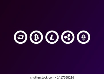 Cryptocurrencies Bitcoin Dash Coin Ripple Coin Ethereum Lite Coin Icons Vector Illustration